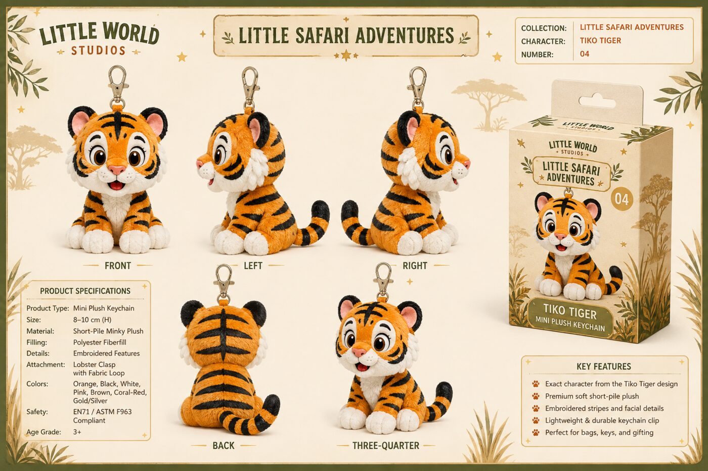 Tiko detailed mini plush keychain specification sheet